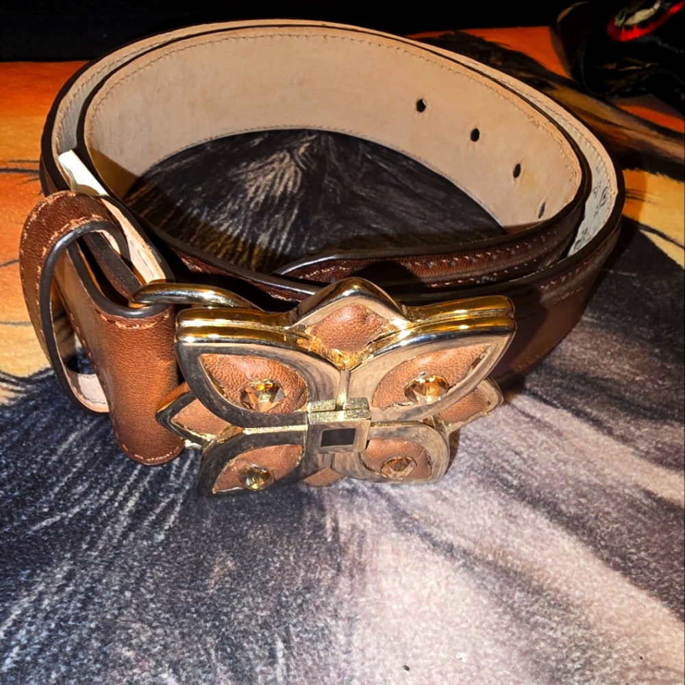 Brown Leather Belt with Gold Buckle